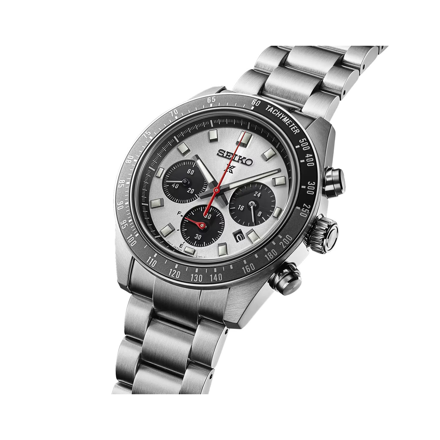 Seiko, Prospex Speedtimer 'Go Large' with a 41.4mm stainless steel case and bracelet strap featuring a date function, chronograph and a silver dial with a grey and black bezel.