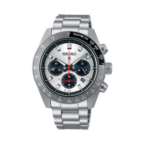 Seiko, Prospex Speedtimer 'Go Large' with a 41.4mm stainless steel case and bracelet strap featuring a date function, chronograph and a silver dial with a grey and black bezel.