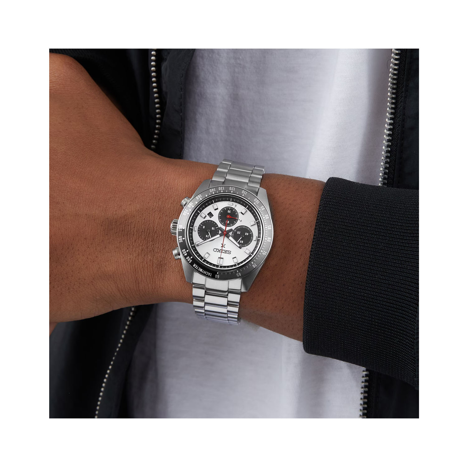 Seiko, Prospex Speedtimer 'Go Large' with a 41.4mm stainless steel case and bracelet strap featuring a date function, chronograph and a silver dial with a grey and black bezel.