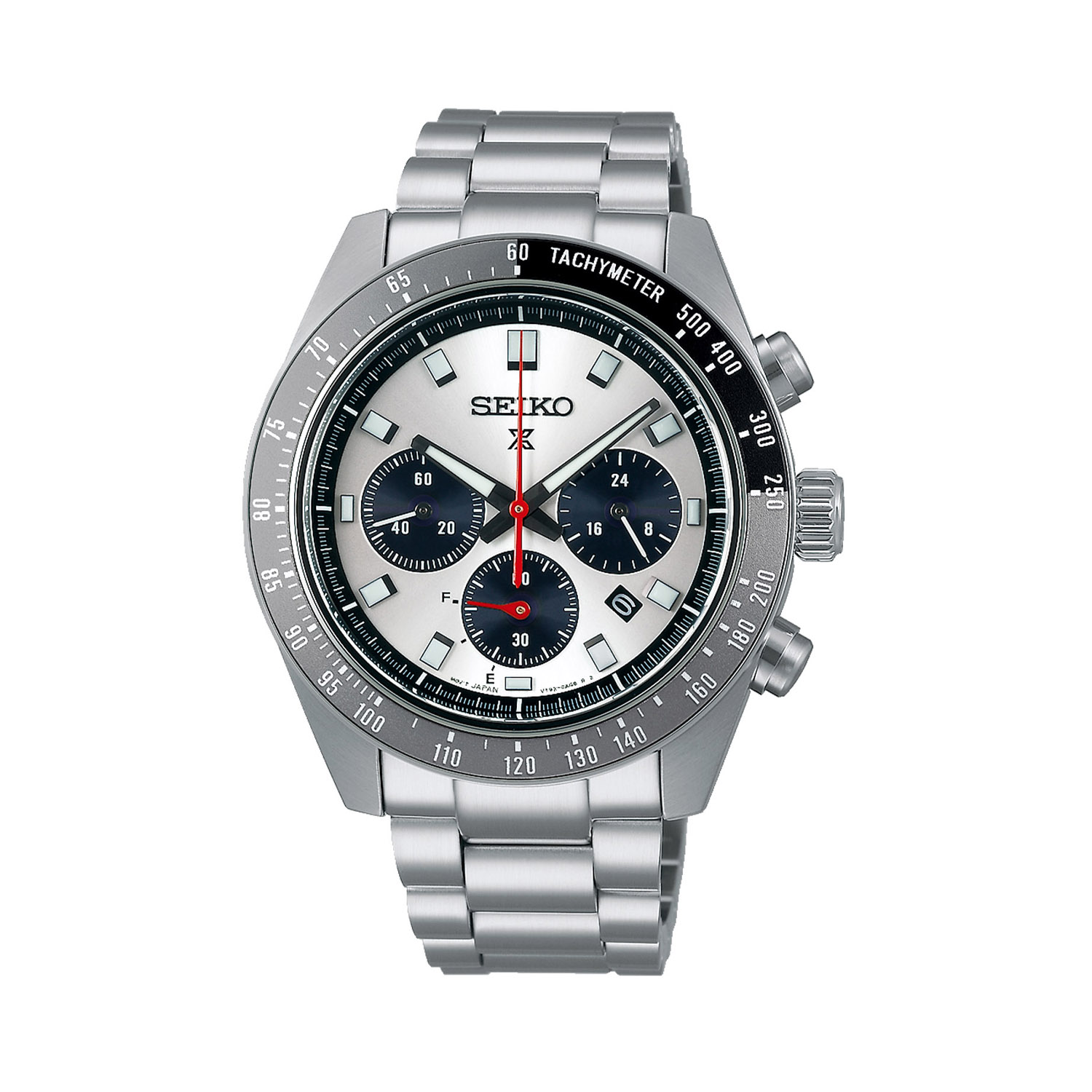 Seiko, Prospex Speedtimer 'Go Large' with a 41.4mm stainless steel case and bracelet strap featuring a date function, chronograph and a silver dial with a grey and black bezel.