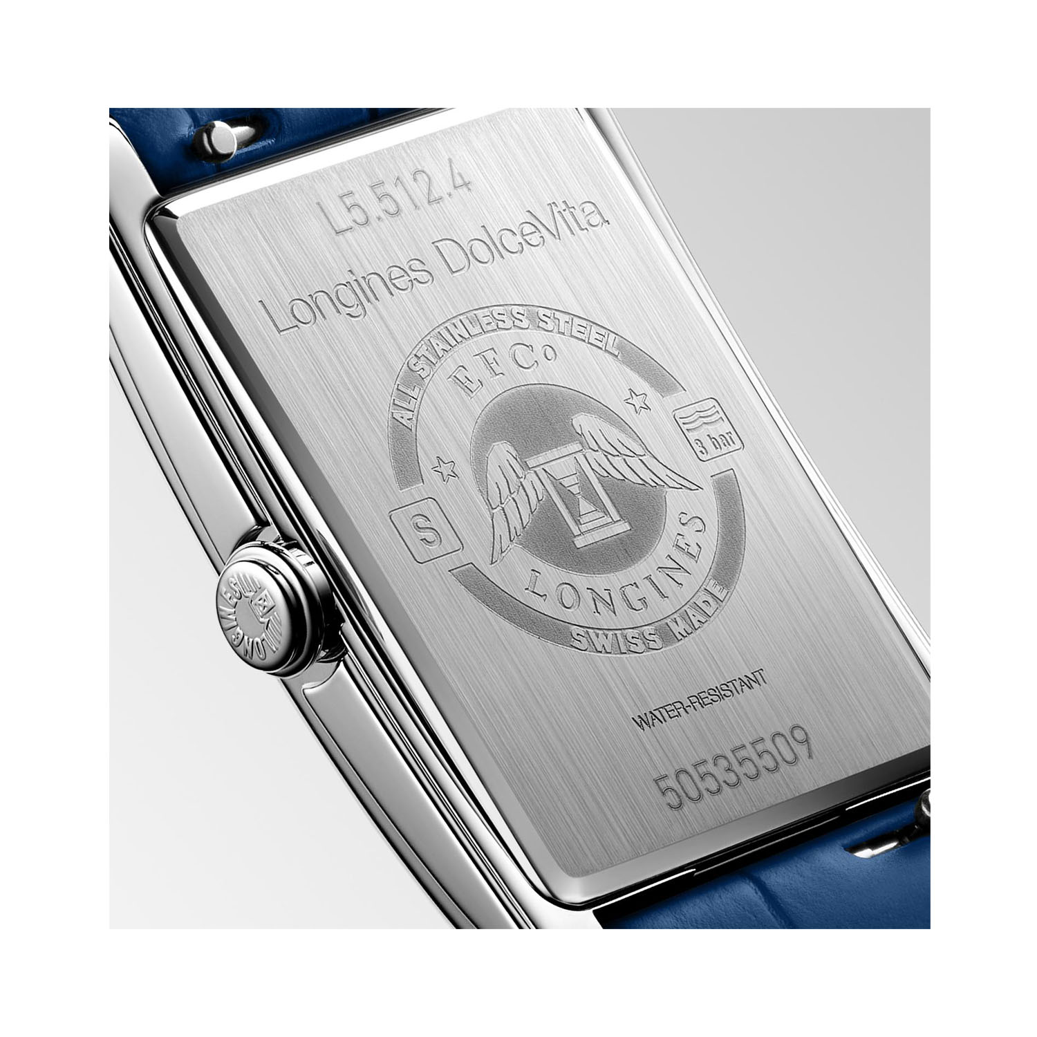 Longines, DolceVita Monochrome with a 23.3 x 37mm stainless steel case and blue leather strap featuring a small seconds hand and a blue dial.