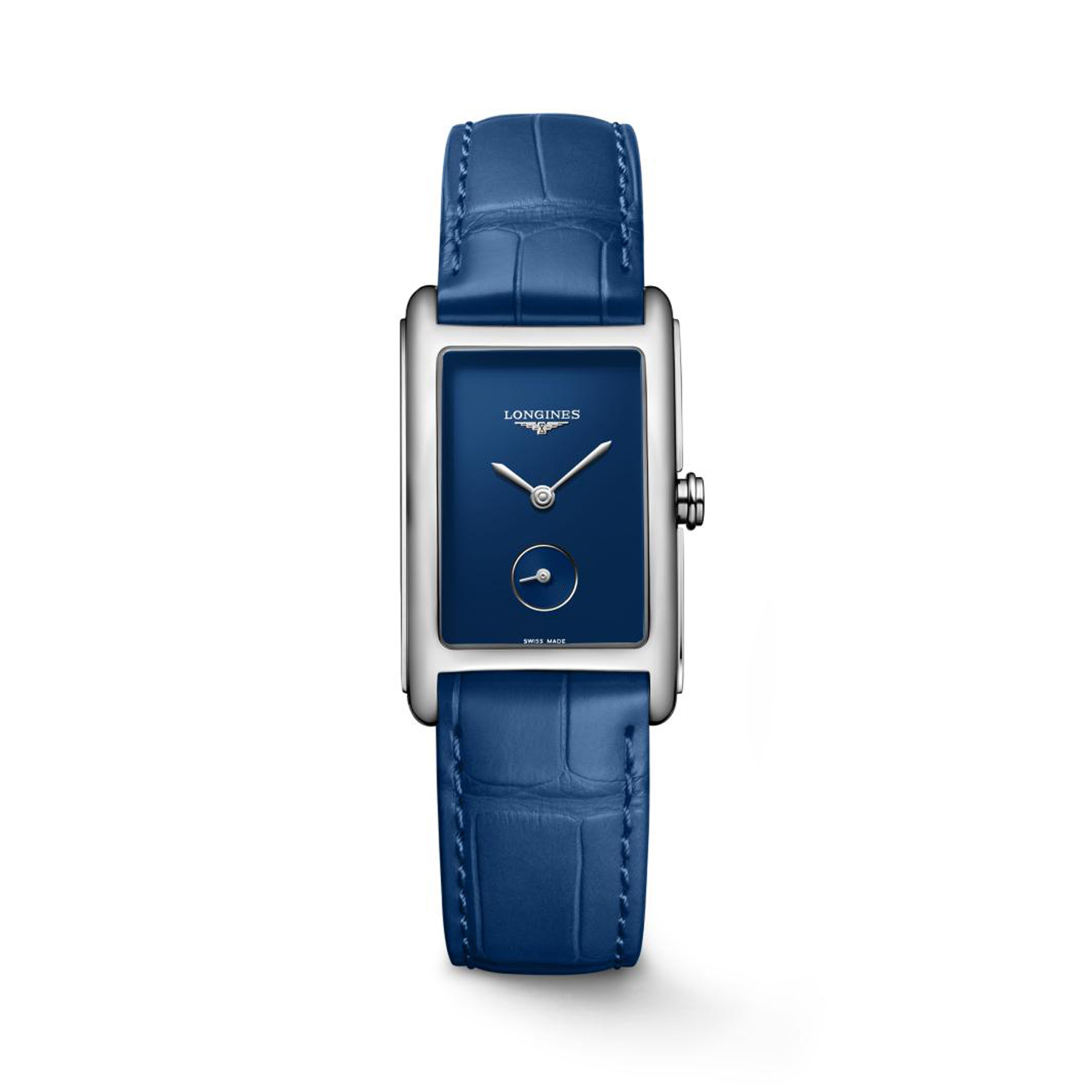 Longines, DolceVita Monochrome with a 23.3 x 37mm stainless steel case and blue leather strap featuring a small seconds hand and a blue dial.