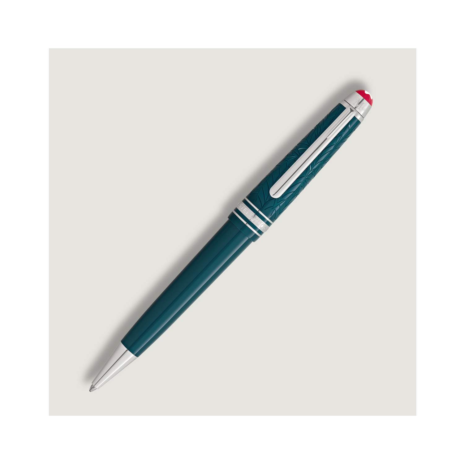 A Montblanc, Meisterstück Romeo & Juliet midsize ballpoint pen crafted in teal coloured precious resin with platinum coated fittings.