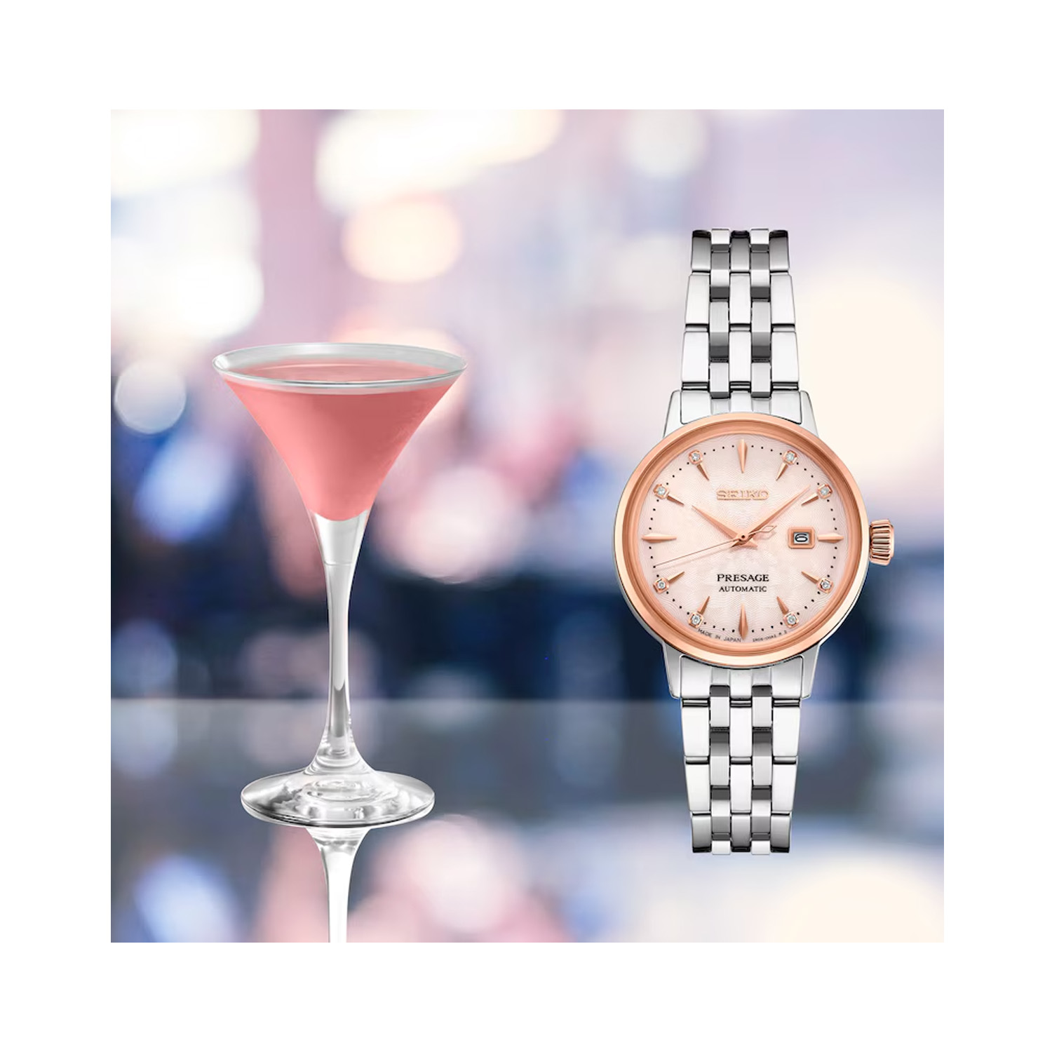 Seiko, Presage Cocktail Time ‘Pink Lady’ Diamond Twist with a 30.2mm stainless steel and rose gold PVD coated case and bracelet strap featuring a date function on a pink diamond set dial.