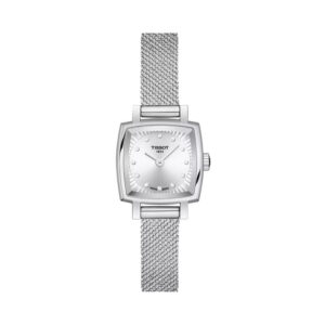 Tissot, Lovely Square with a 20mm stainless steel case and bracelet strap featuring a diamond set silver dial.