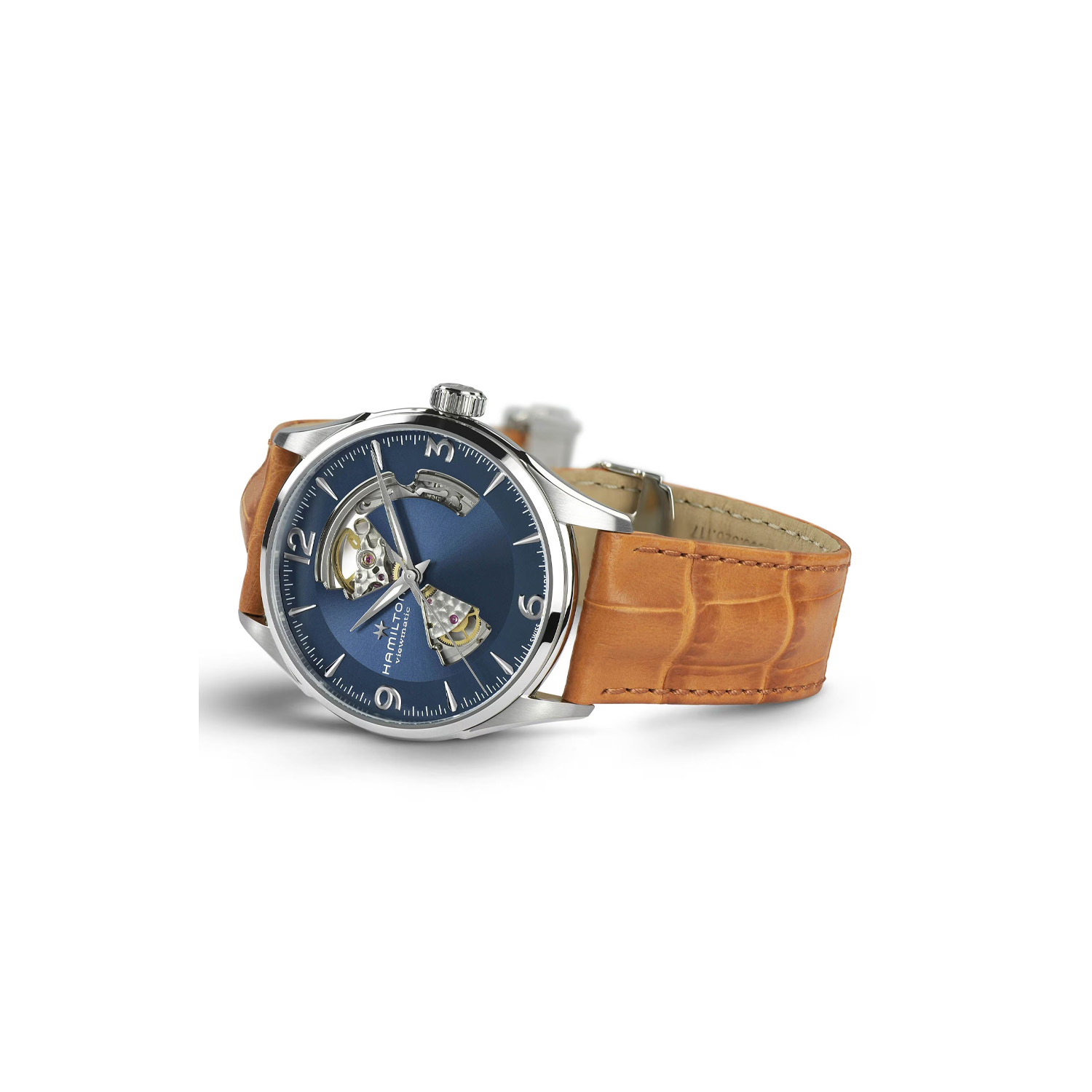Hamilton, Jazzmaster Open Heart Brown Strap, Automatic Men's Watch Hamilton, Jazzmaster Open Heart with a 42mm stainless steel case and a brown leather strap featuring a blue open heart dial.