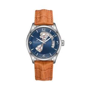 Hamilton, Jazzmaster Open Heart with a 42mm stainless steel case and a brown leather strap featuring a blue open heart dial.