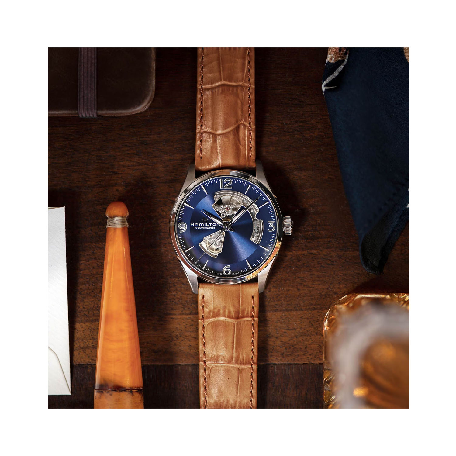 Hamilton, Jazzmaster Open Heart Brown Strap, Automatic Men's Watch Hamilton, Jazzmaster Open Heart with a 42mm stainless steel case and a brown leather strap featuring a blue open heart dial.