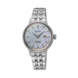 Seiko, Presage Cocktail Time 'Skydiving' Diamond Twist with a 30.3mm stainless steel case and bracelet strap featuring a date function and a diamond set blue patterned dial.