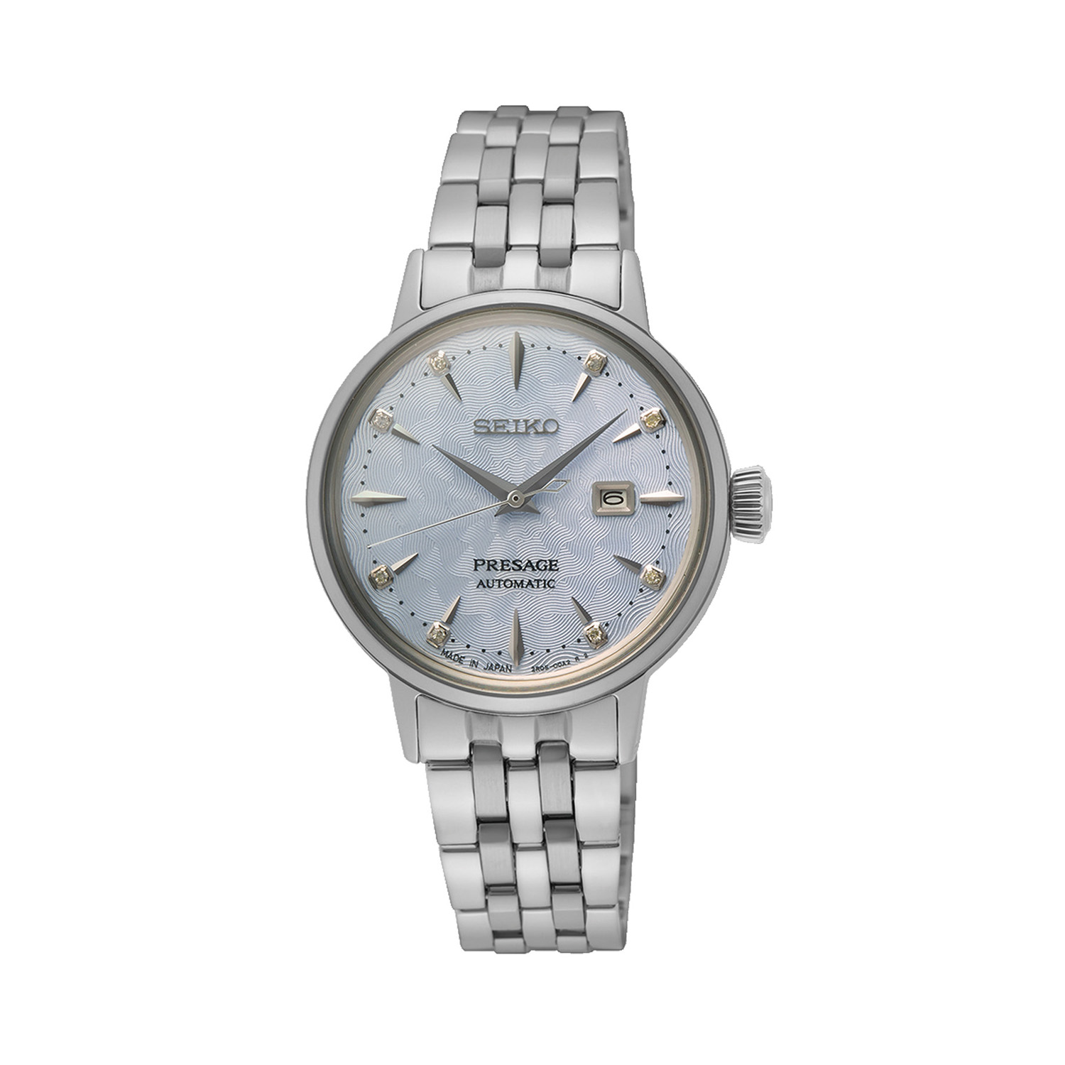 Seiko, Presage Cocktail Time 'Skydiving' Diamond Twist with a 30.3mm stainless steel case and bracelet strap featuring a date function and a diamond set blue patterned dial.