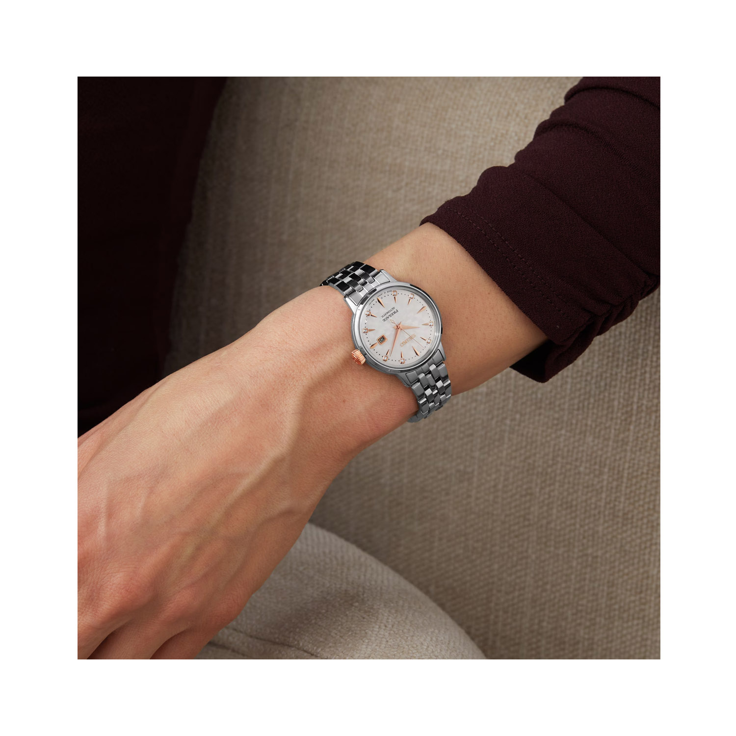 Seiko, Presage Cocktail Time 'Clover Club' Diamond Twist with a 30.3mm stainless steel case and bracelet strap featuring a date function and a diamond set white dial.