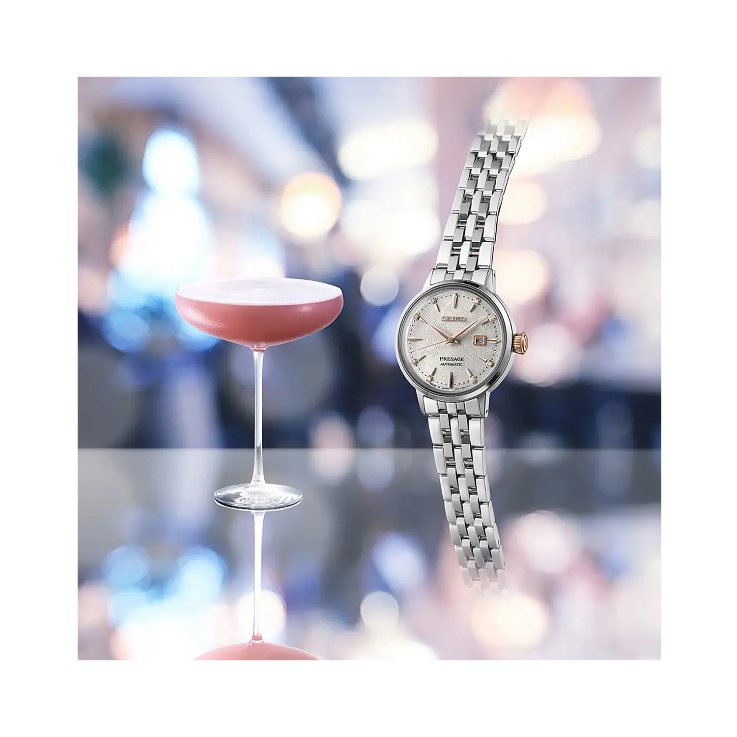 Seiko, Presage Cocktail Time 'Clover Club' Diamond Twist with a 30.3mm stainless steel case and bracelet strap featuring a date function and a diamond set white dial.