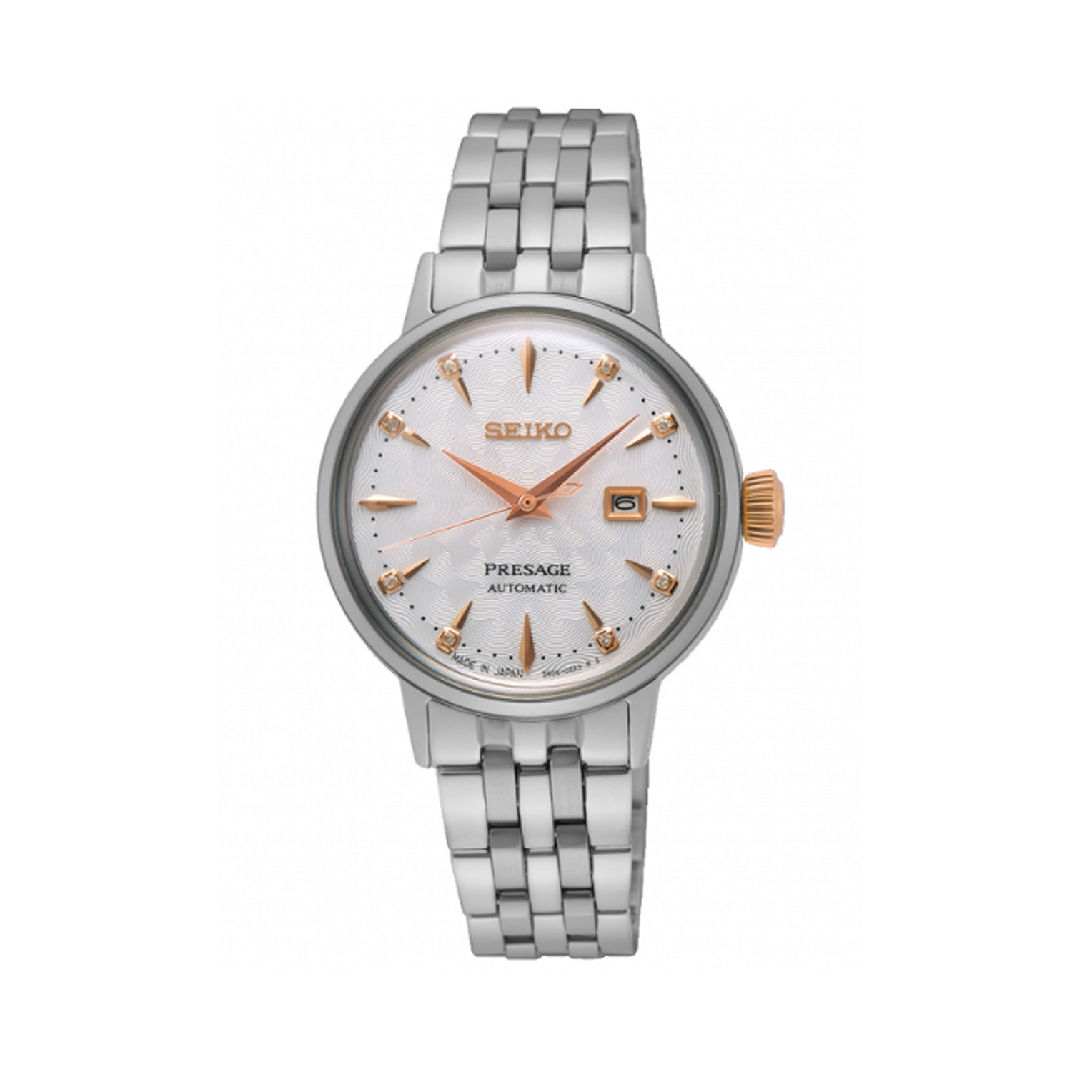 Seiko, Presage Cocktail Time 'Clover Club' Diamond Twist with a 30.3mm stainless steel case and bracelet strap featuring a date function and a diamond set white dial.