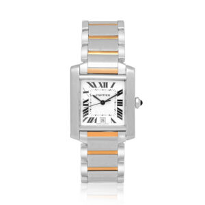 Cartier, Tank Francaise with a 28 x 30mm stainless steel and 18ct yellow gold case and bracelet strap featuring a date function and a white dial.