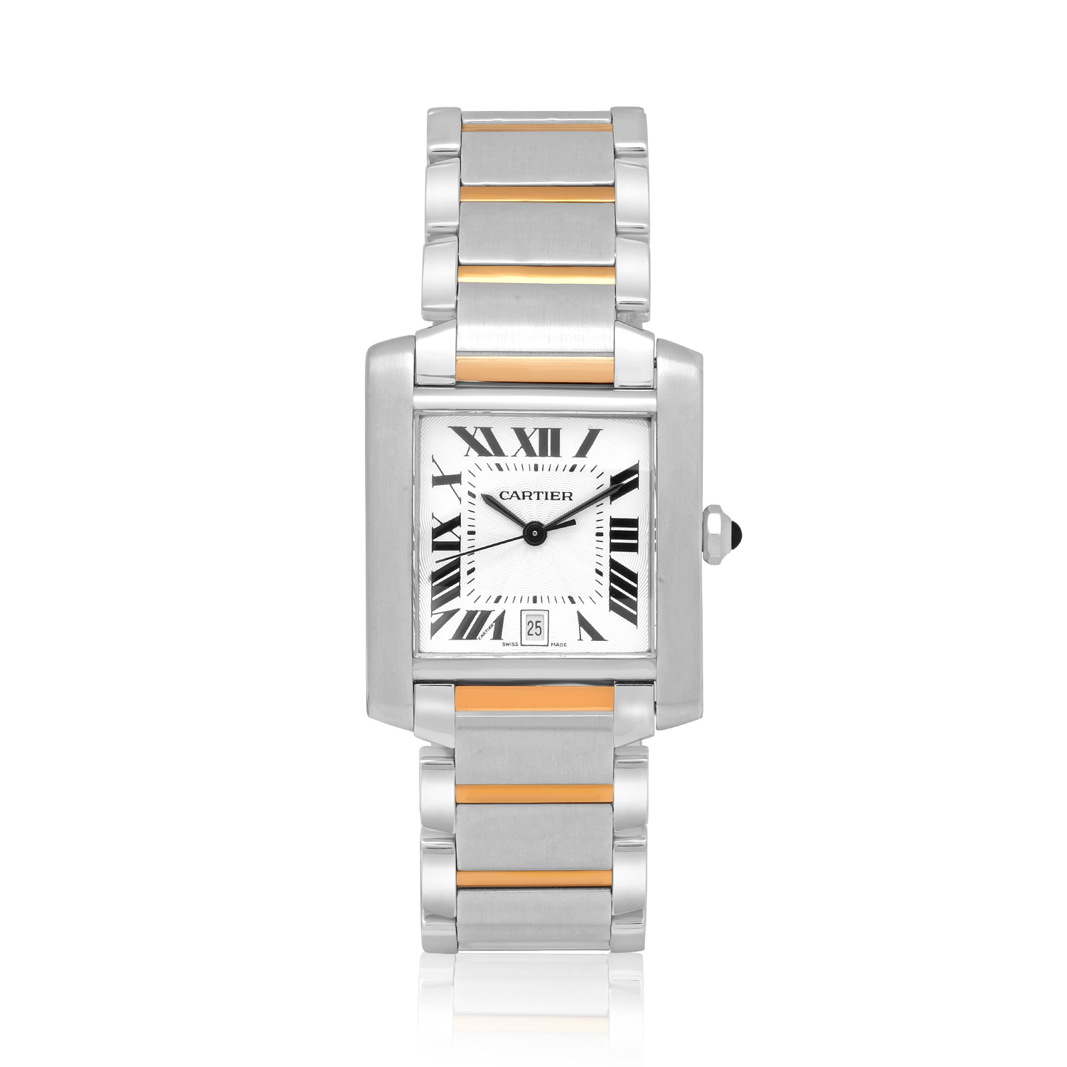 Cartier, Tank Francaise with a 28 x 30mm stainless steel and 18ct yellow gold case and bracelet strap featuring a date function and a white dial.