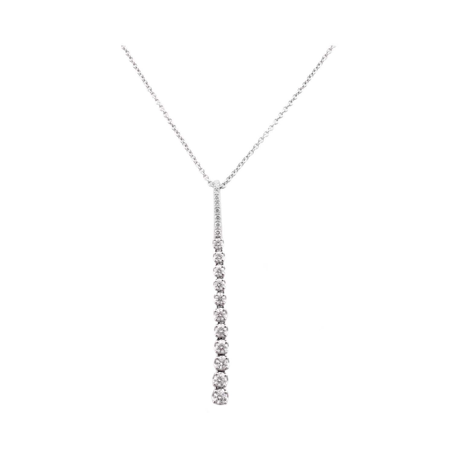 18ct White Gold Diamond Graduated Drop Pendant & Chain: 0.69 carats An 18ct white gold graduated diamond drop pendant with 11 stones, on a chain.
