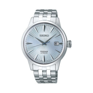 Seiko, Presage Cocktail Time 'Skydiving' with a 40.5mm stainless steel case and bracelet strap featuring a date function and a blue patterned dial.