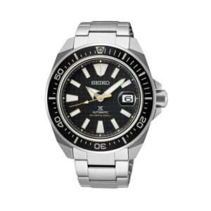 Seiko, Prospex 'King Samurai' with a 43mm stainless steel case and bracelet strap featuring a date function and a black patterned dial and black bezel.