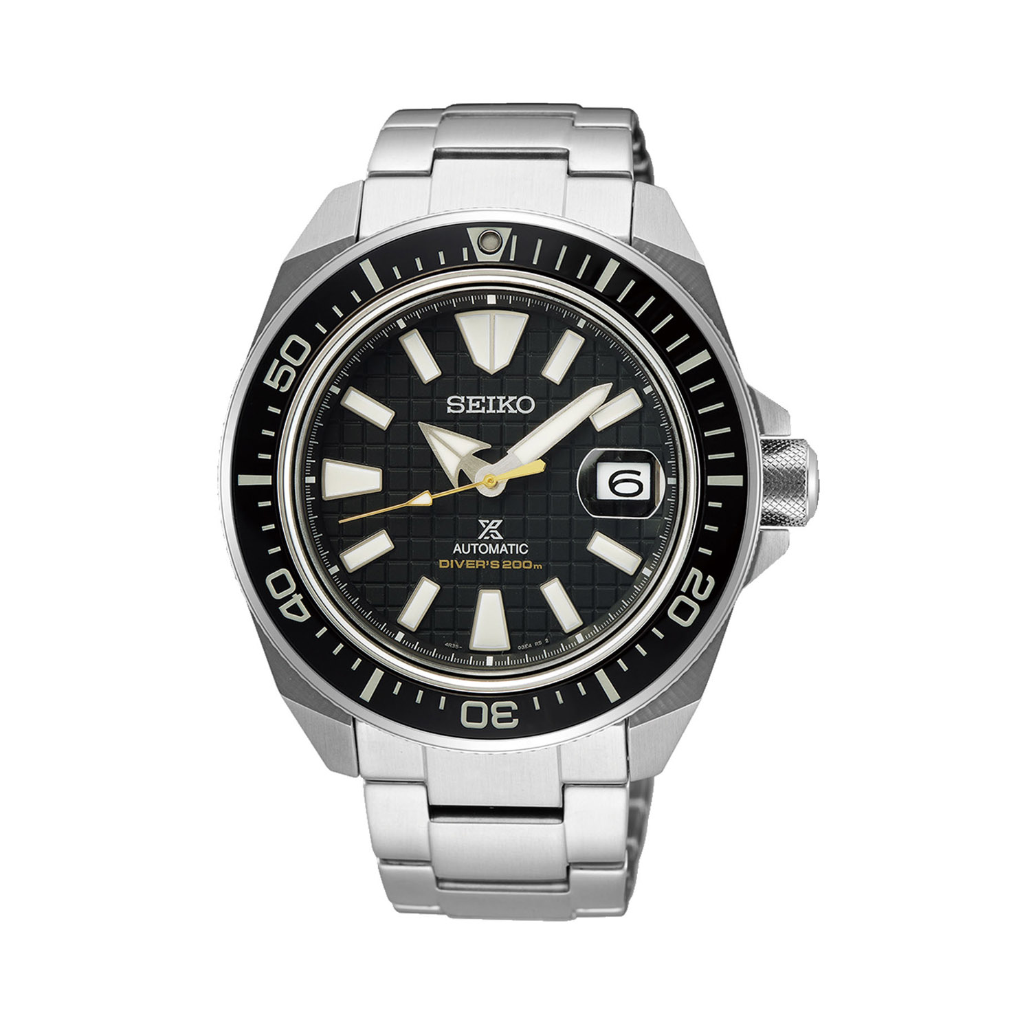 Seiko, Prospex 'King Samurai' with a 43mm stainless steel case and bracelet strap featuring a date function and a black patterned dial and black bezel.