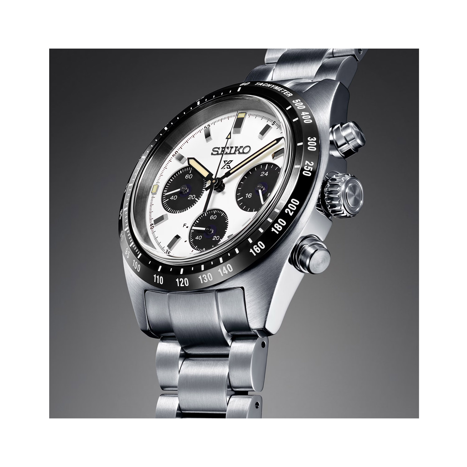 Seiko, Prospex White Speedtimer 1969 Re-Creation, Solar Men's Watch Seiko, Prospex Speedtimer 1969 Re-Creation with a 39mm stainless steel case and bracelet strap featuring a date function, chronograph and a white dial with a black bezel.