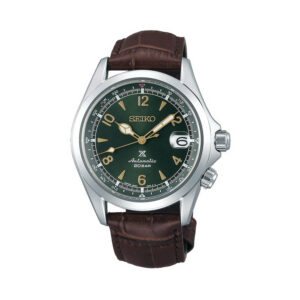 Seiko, Prospex 'Alpinist' Green with a 39.5mm stainless steel case and a brown leather strap featuring a date function and a green dial.