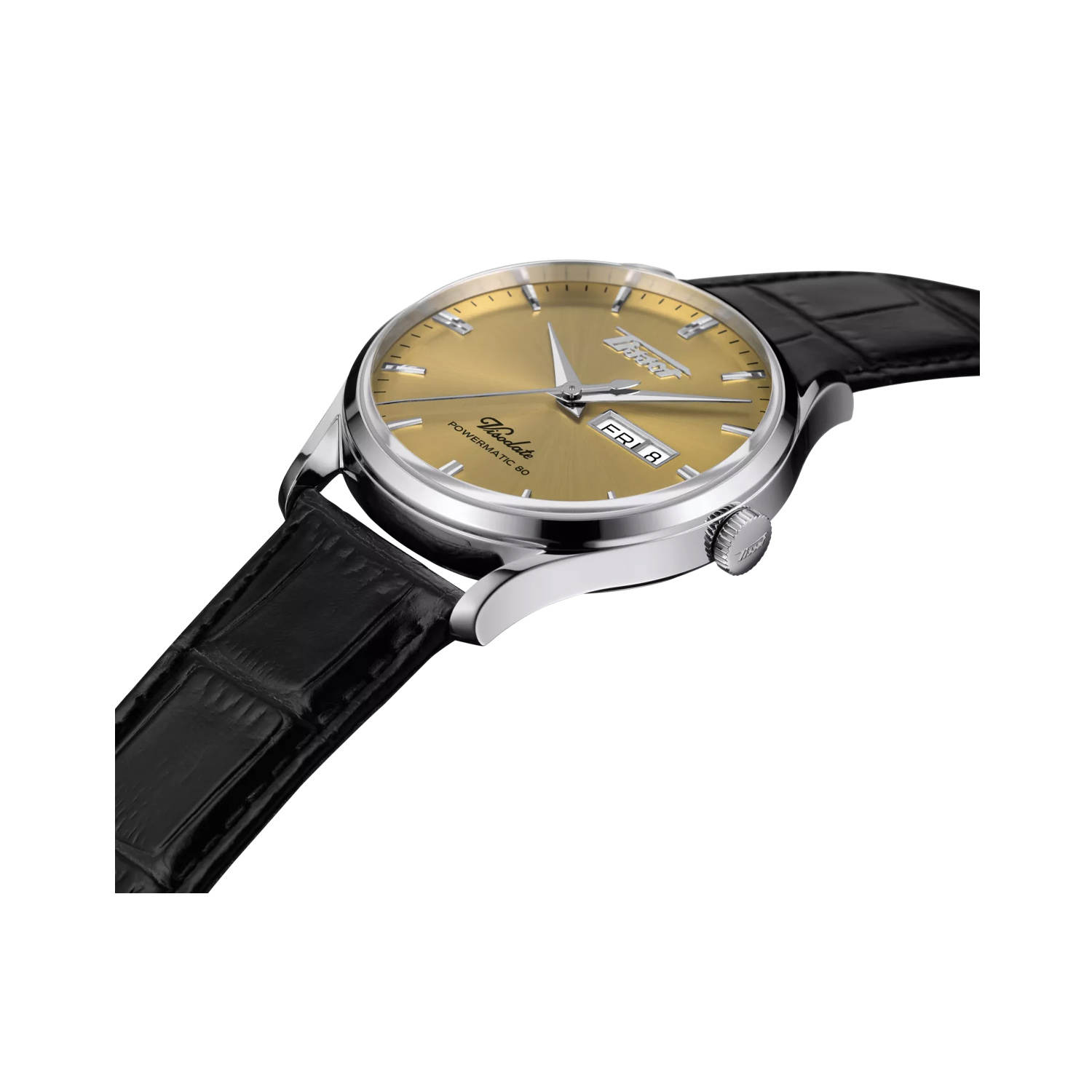 Tissot, Heritage Visodate Powermatic 80 Champagne, Automatic Men's Watch Tissot, Heritage Visodate Powermatic 80 with a 42mm stainless steel case and a black leather strap featuring a day date function and a champagne coloured dial.