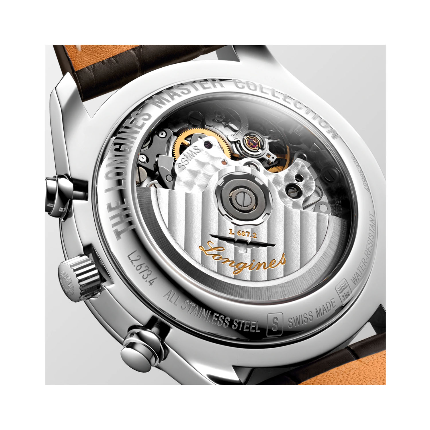 Longines, Master Collection Moonphase, Automatic Men's Watch Longines, Master Collection with a 40mm stainless steel case and a brown leather strap featuring a date function, chronograph and moonphase with a silver dial.