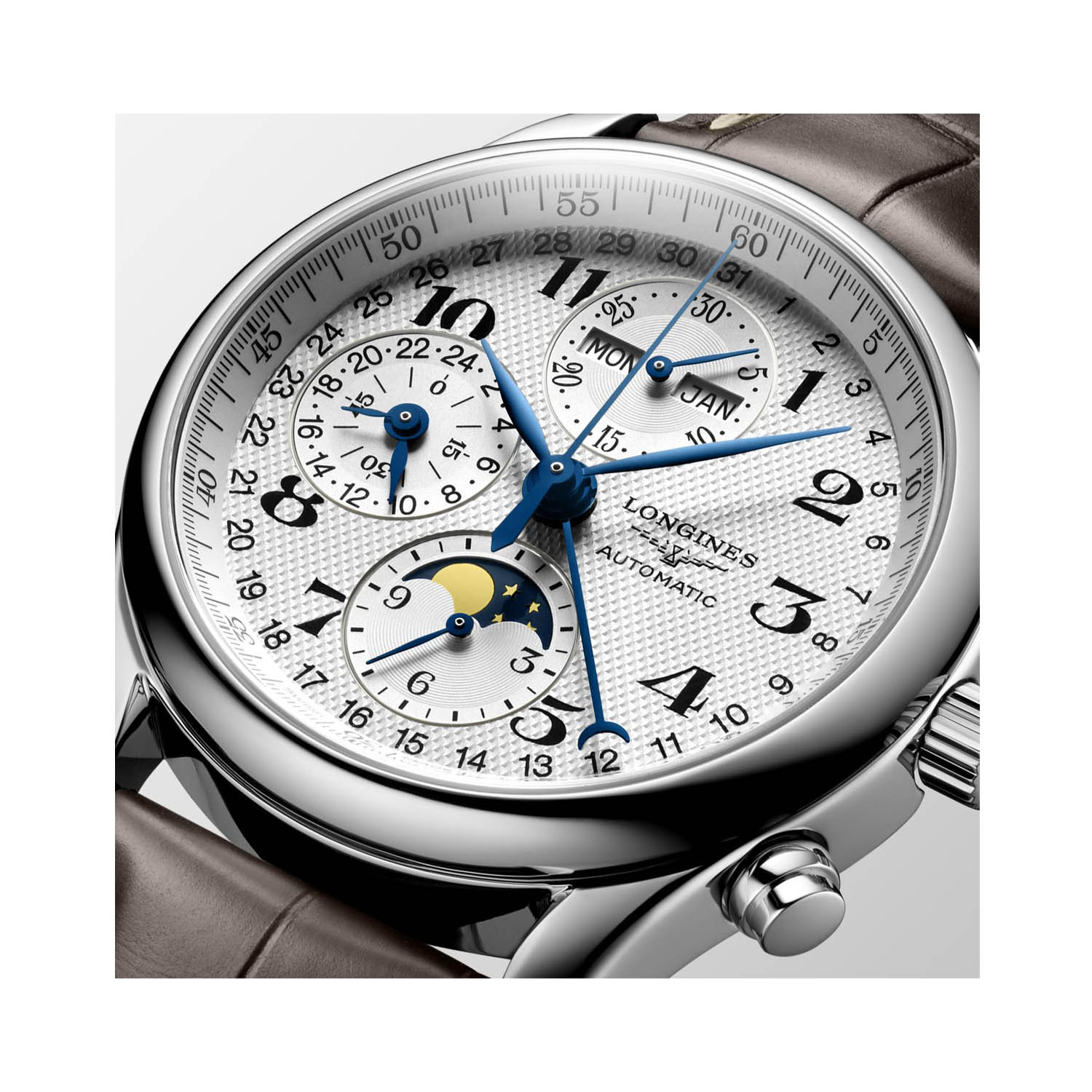 Longines, Master Collection Moonphase, Automatic Men's Watch Longines, Master Collection with a 40mm stainless steel case and a brown leather strap featuring a date function, chronograph and moonphase with a silver dial.