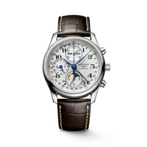 Longines, Master Collection with a 40mm stainless steel case and a brown leather strap featuring a date function, chronograph and moonphase with a silver dial.