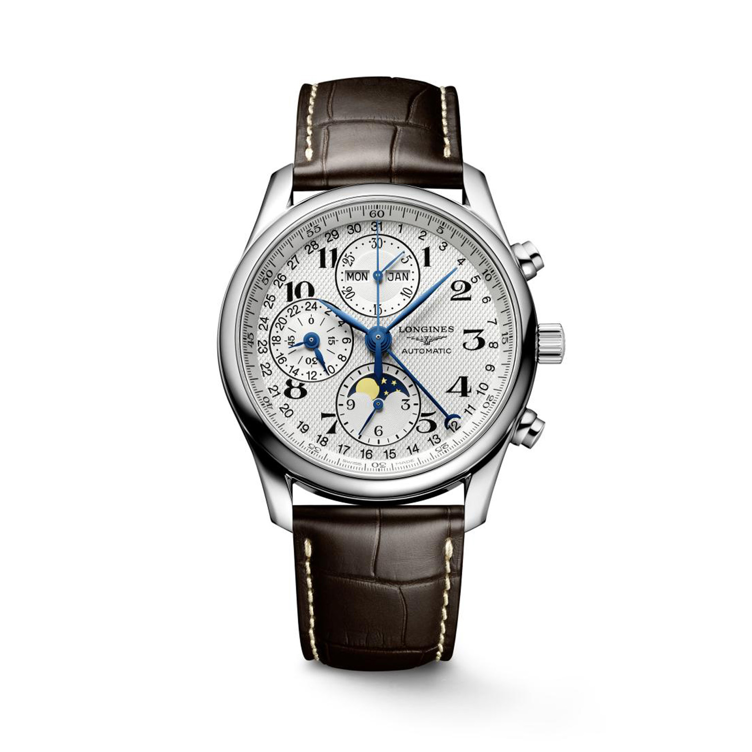 Longines, Master Collection Moonphase, Automatic Men's Watch Longines, Master Collection with a 40mm stainless steel case and a brown leather strap featuring a date function, chronograph and moonphase with a silver dial.