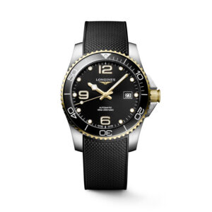 Longines, HydroConquest with a 41mm stainless steel case and a black rubber strap featuring a black dial and a black and gold coloured ceramic bezel.