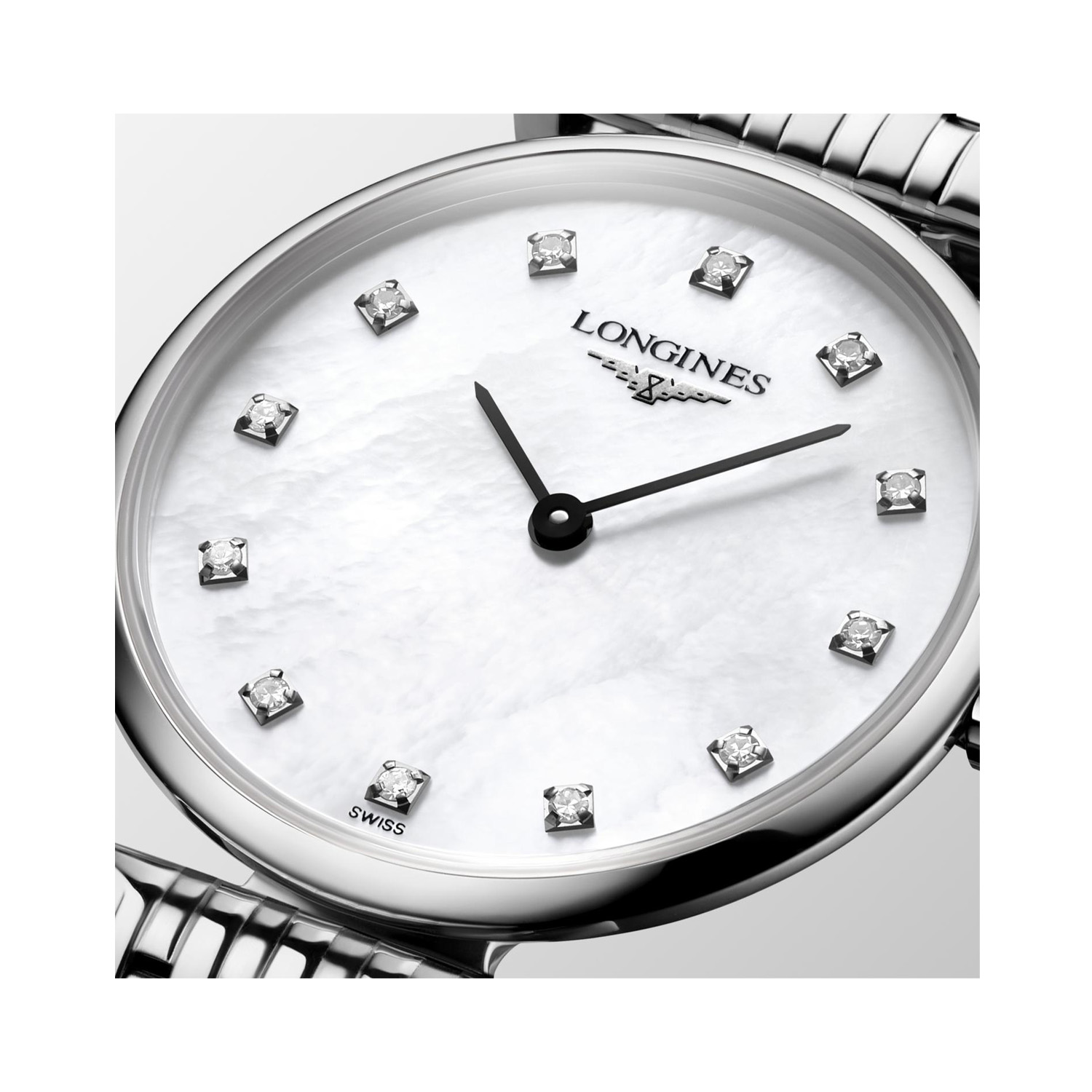 Longines, La Grande Classique with a 24mm stainless steel case and bracelet strap featuring a mother of pearl diamond set dial.