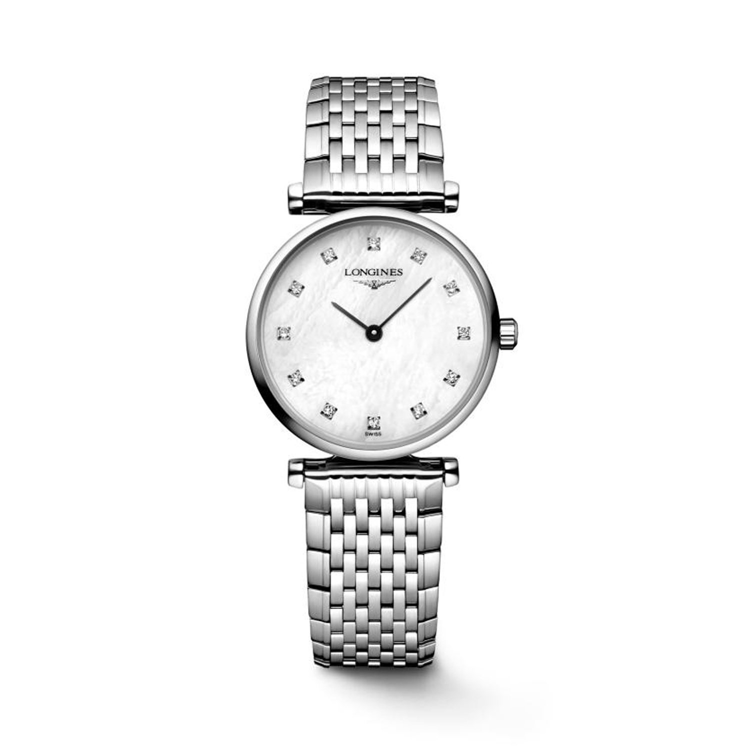 Longines, La Grande Classique with a 24mm stainless steel case and bracelet strap featuring a mother of pearl diamond set dial.