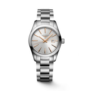 Longines, Conquest Classic with a 29.5mm stainless steel case and bracelet strap featuring a date function and a silver dial.