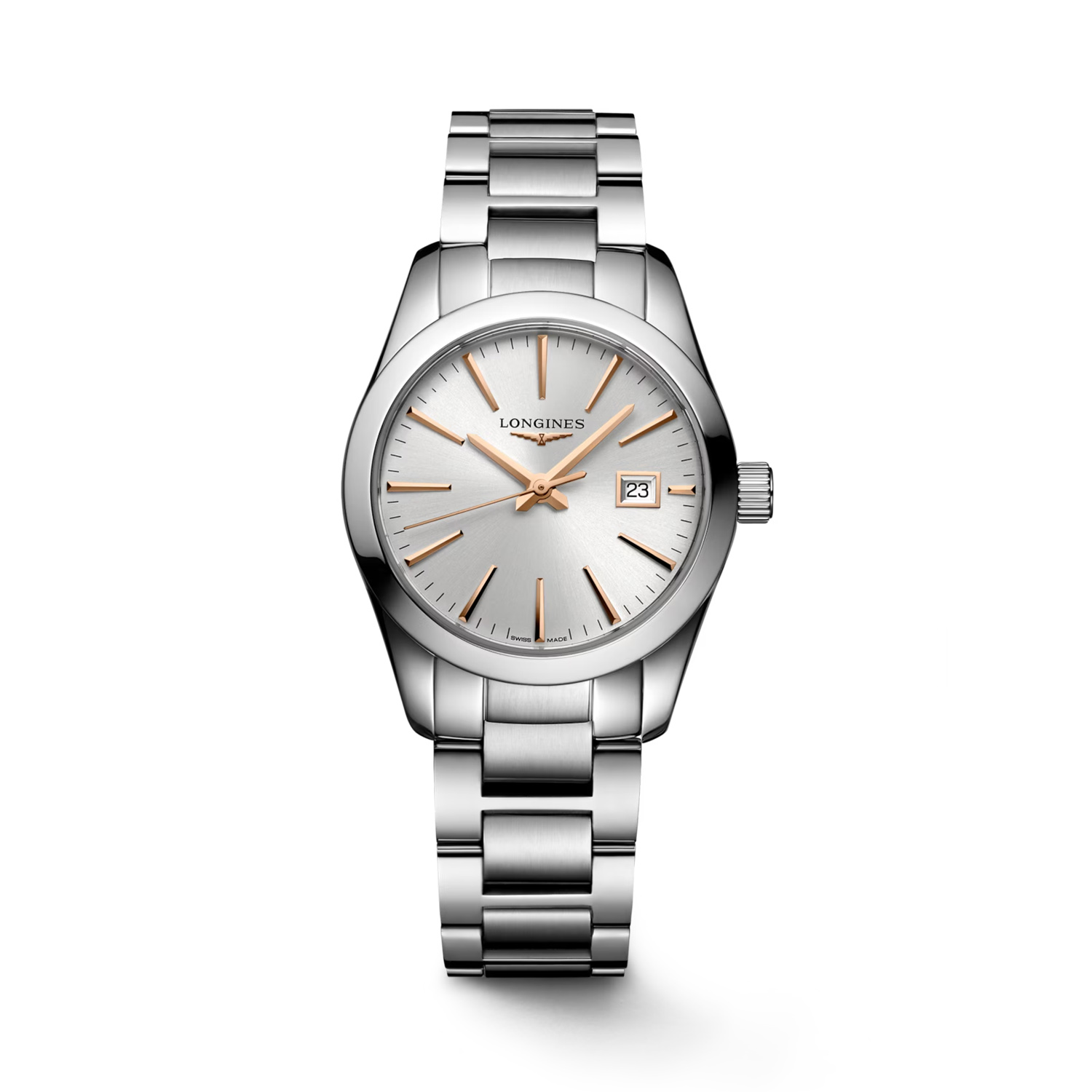 Longines, Conquest Classic Silver, Quartz Women's Watch Longines, Conquest Classic with a 29.5mm stainless steel case and bracelet strap featuring a date function and a silver dial.