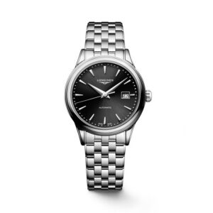 Longines, Flagship Classic with a 30mm stainless steel case and bracelet strap featuring a date function and a black dial.