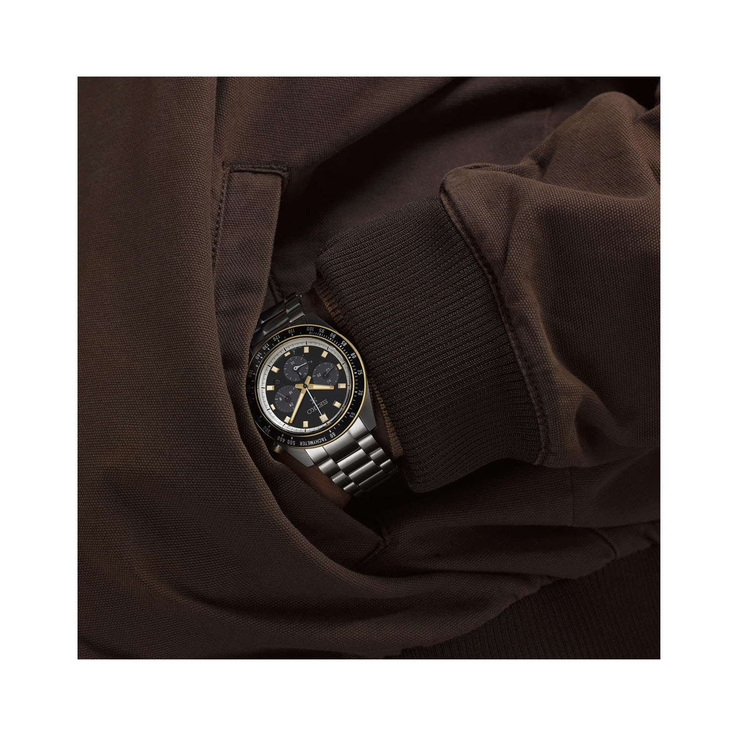 Seiko, Prospex ‘Circuit Race’ Solar Speedtimer with a 41.4mm stainless steel case and bracelet strap featuring a date function, chronograph and a black dial with a black and gold coloured bezel.