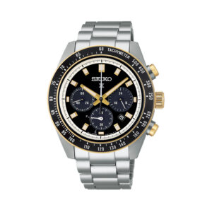 Seiko, Prospex ‘Circuit Race’ Solar Speedtimer with a 41.4mm stainless steel case and bracelet strap featuring a date function, chronograph and a black dial with a black and gold coloured bezel.