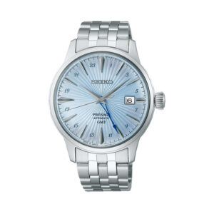 Seiko, Presage ‘Skydiving’ Cocktail Time GMT with a 40.5mm stainless steel case and bracelet strap featuring a date function and a blue dial.