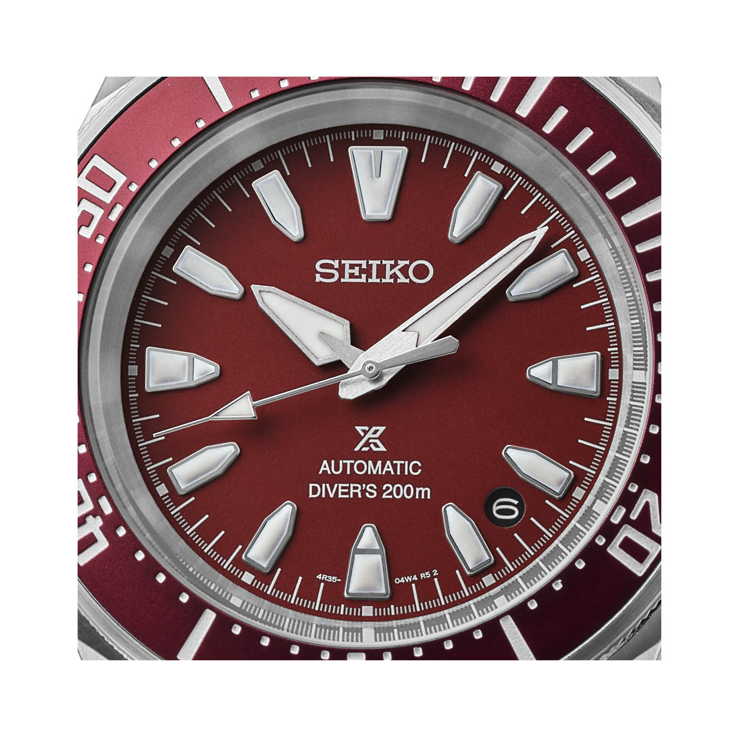 Seiko, Prospex 4R Red with a 41.7mm stainless steel case and bracelet strap featuring a date function and a red dial with a red ceramic bezel.
