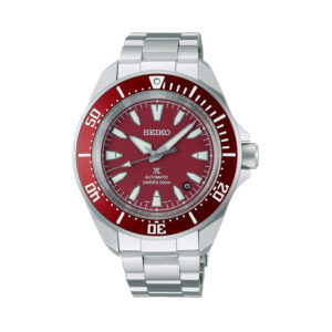 Seiko, Prospex 4R Red with a 41.7mm stainless steel case and bracelet strap featuring a date function and a red dial with a red ceramic bezel.