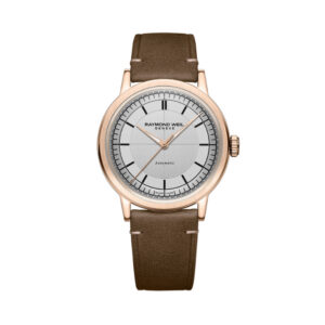 Raymond Weil, Millesime with a 39.5mm stainless steel case and a brown leather strap featuring a silver dial.