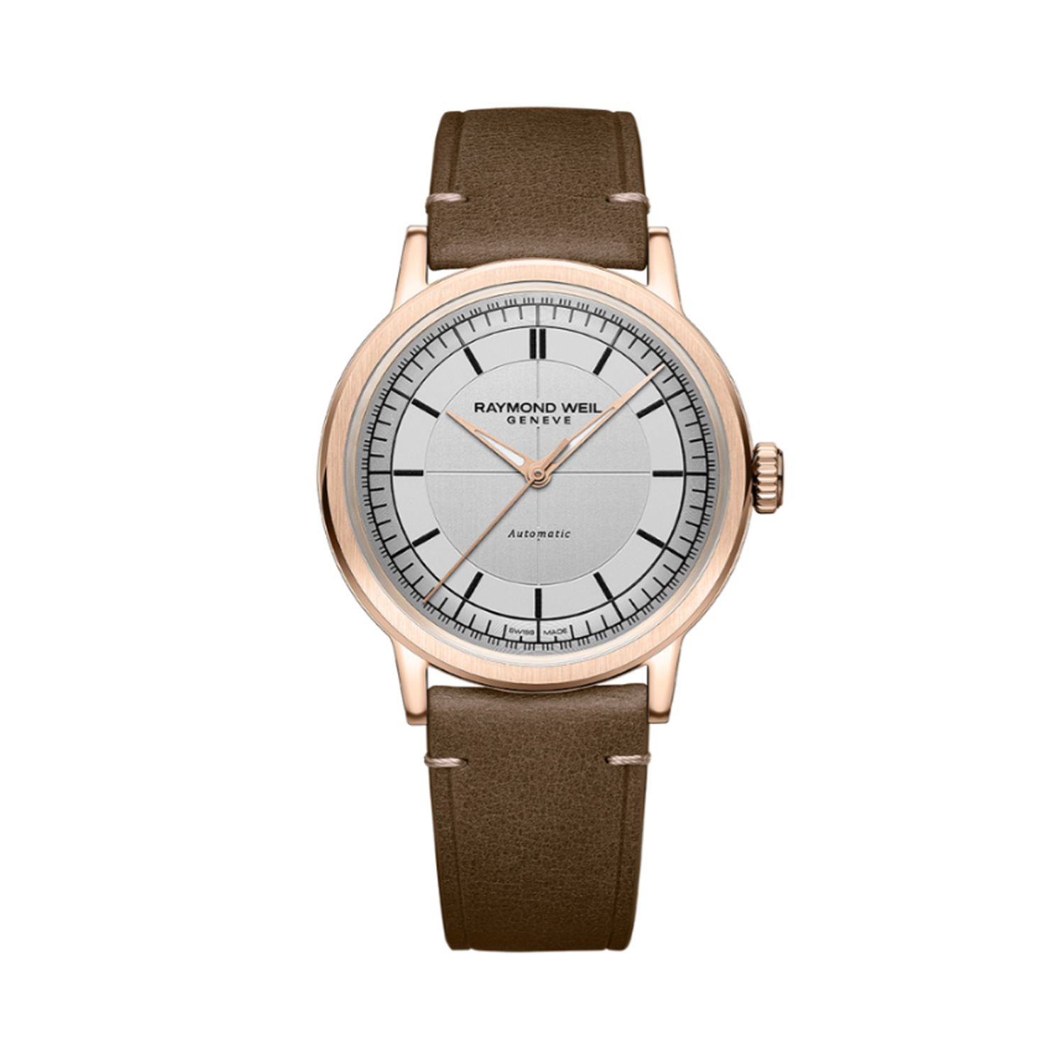 Raymond Weil, Millesime with a 39.5mm stainless steel case and a brown leather strap featuring a silver dial.