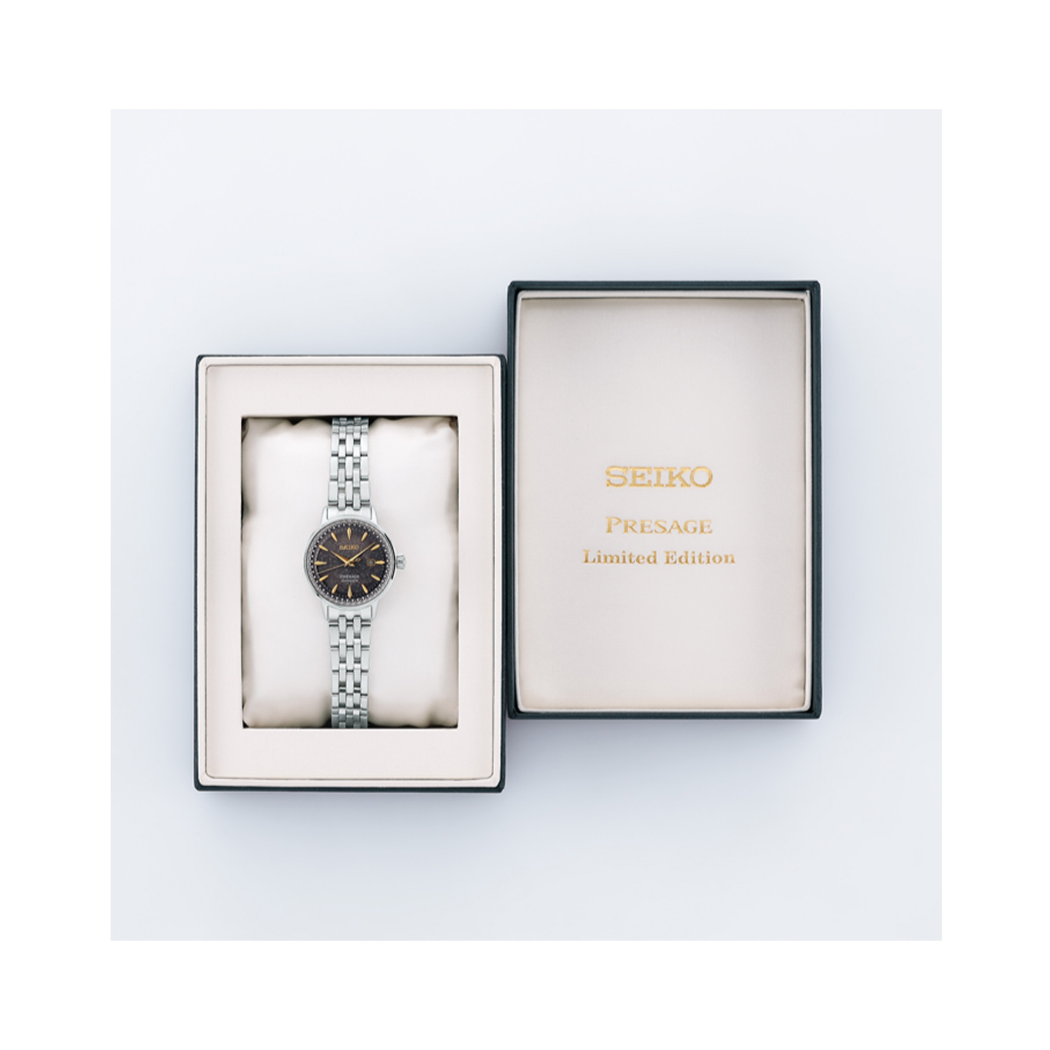 Seiko, Presage Cocktail Time 'Star Bar' Compact Style with a 30.3mm stainless steel case and bracelet strap featuring a date function and a grey dial.