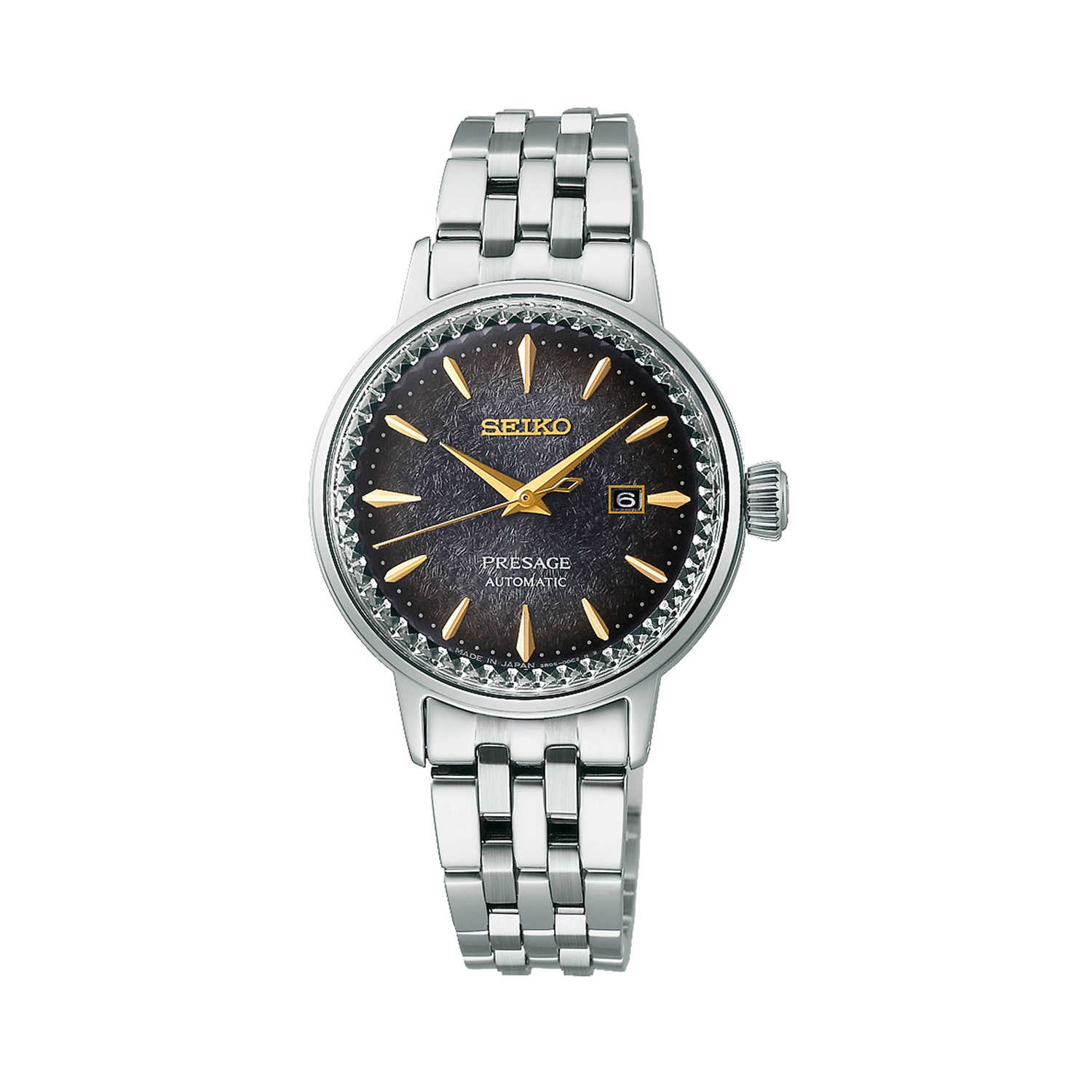 Seiko, Presage Cocktail Time 'Star Bar' Compact Style with a 30.3mm stainless steel case and bracelet strap featuring a date function and a grey dial.
