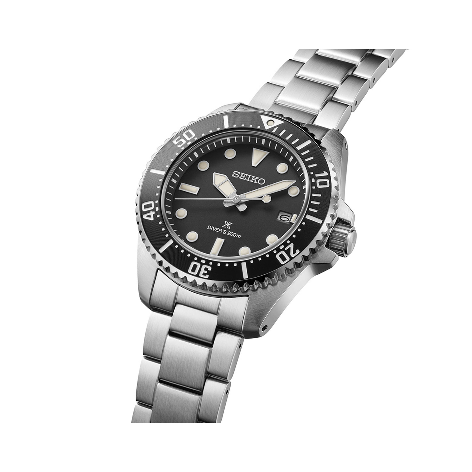 Seiko, Prospex 'Pure Black' with a 41mm stainless steel case and bracelet strap featuring a date function with a black dial and bezel.