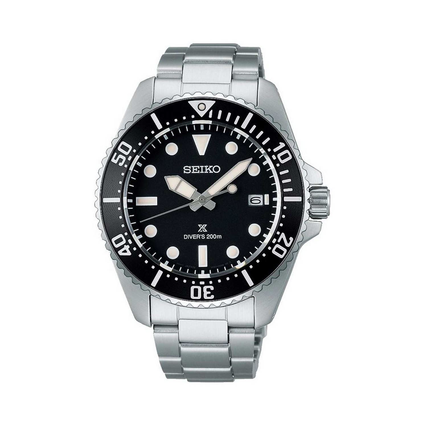 Seiko, Prospex 'Pure Black' with a 41mm stainless steel case and bracelet strap featuring a date function with a black dial and bezel.