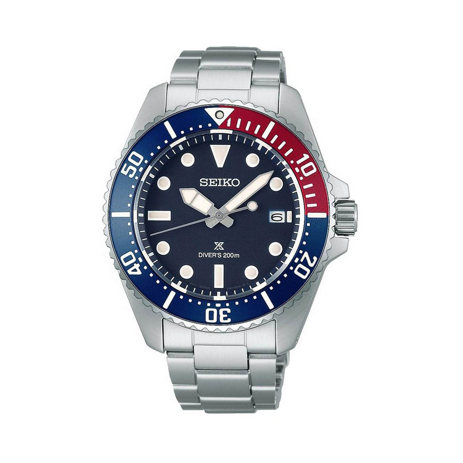 Seiko, Prospex Diver’s in Blue-Red-Blue, Solar Men's Watch Seiko, Prospex Diver's in Blue-Red-Blue with a 41mm stainless steel case and bracelet strap featuring a date function with a blue dial and a blue and red bezel.