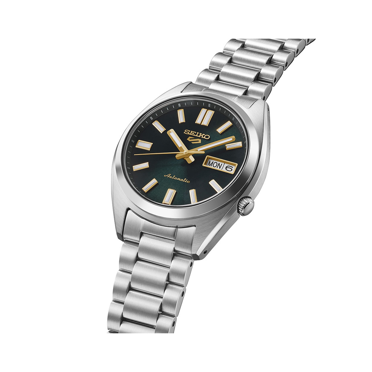 Seiko, 5 Sports SNXS Vintage Gold Collection 'Tie Green' with a 37.4mm stainless steel case and bracelet strap featuring a day date function and a green dial.