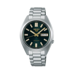 Seiko, 5 Sports SNXS Vintage Gold Collection 'Tie Green' with a 37.4mm stainless steel case and bracelet strap featuring a day date function and a green dial.